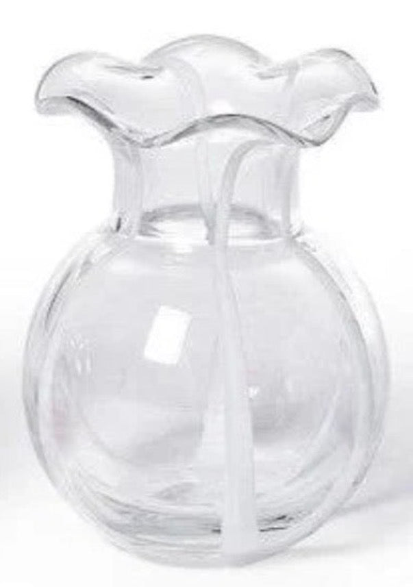 Clear glass vase with round body, wide wavy ruffled rim, and glossy finish. Available sizes: small, medium, large.
