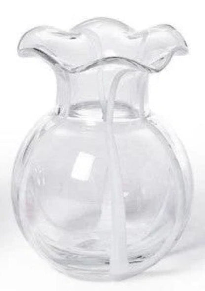 Clear glass vase with round body, wide wavy ruffled rim, and glossy finish. Available sizes: small, medium, large.
