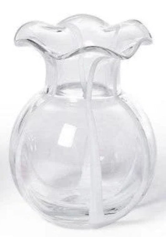 Clear glass vase with round body, wide wavy ruffled rim, and glossy finish. Available sizes: small, medium, large.