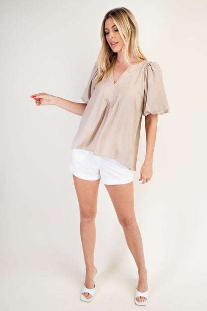 Cathleen V-Neck Balloon Sleeve Top in beige with voluminous sleeves; available in sizes XS–XL.