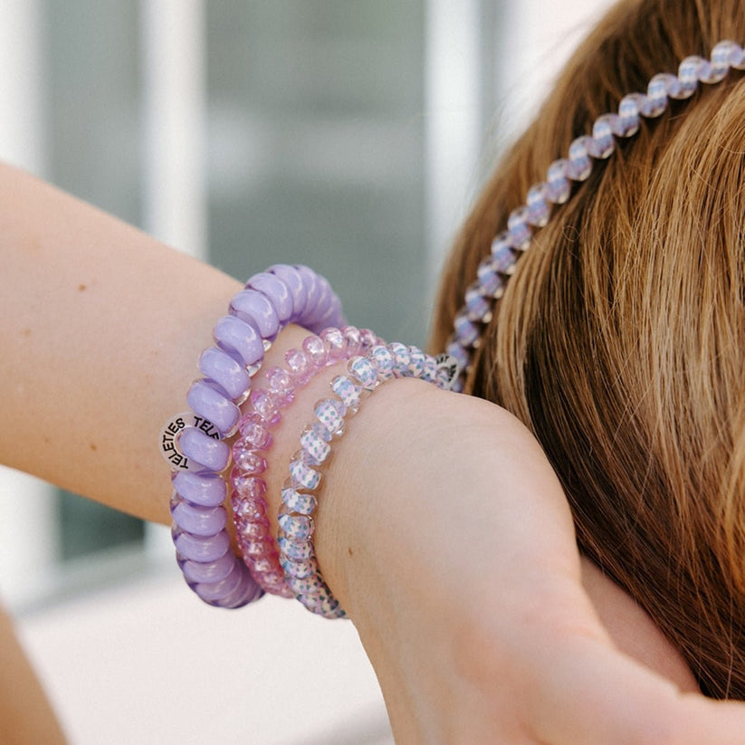 Classic Lavender Mist TELETIES shown as bracelets; available in small, medium, and large sizes.