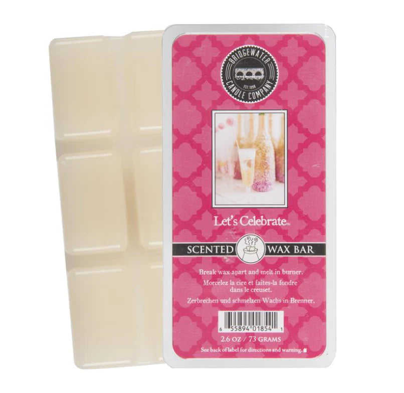 The Bridgewater Wax Bar | Let’s Celebrate is a white scented wax bar in pink packaging with festive graphics. Sizes available.