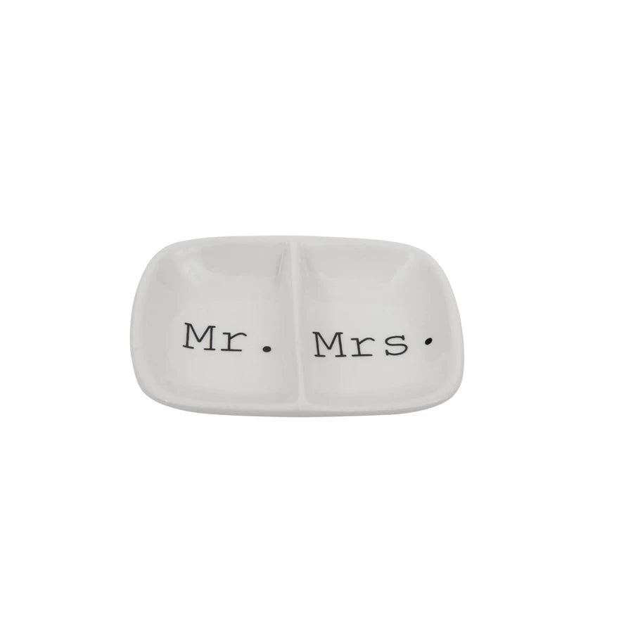 Small white ceramic ring holder, rectangular with "Mr." and "Mrs." sections. Available in 4"x2".