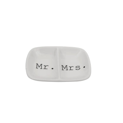 Small white ceramic ring holder, rectangular with "Mr." and "Mrs." sections. Available in 4"x2".