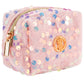 Small pink pouch with iridescent sequins, gold zipper, and pineapple emblem; available in one compact size.