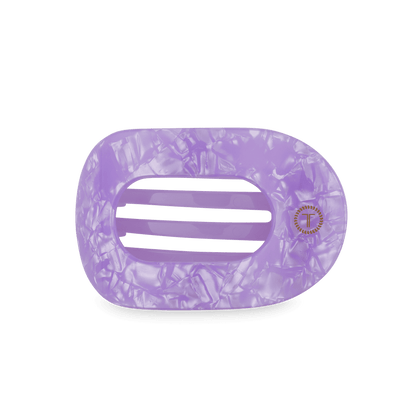 Classic Lavender Mist TELETIES hair claw in marbled purple acetate with gold T logo; available in small and large sizes.