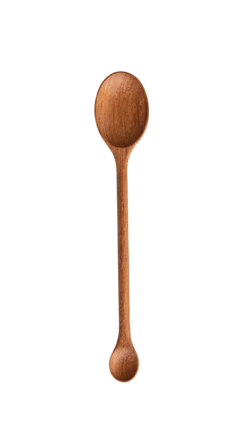 Hand-carved two-sided Doussie wood spoon with round bowl and smaller scoop. Available in small, medium, and large sizes.