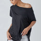 The Perfect Shirt: black rayon blend, comfortable fit, off the shoulder. Available sizes: XS-XL.