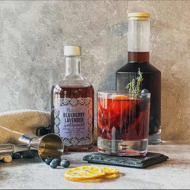 Glass of dark purple custom cocktail made with the Spirit InFusion Kit. Available in 8 oz and 16 oz sizes.
