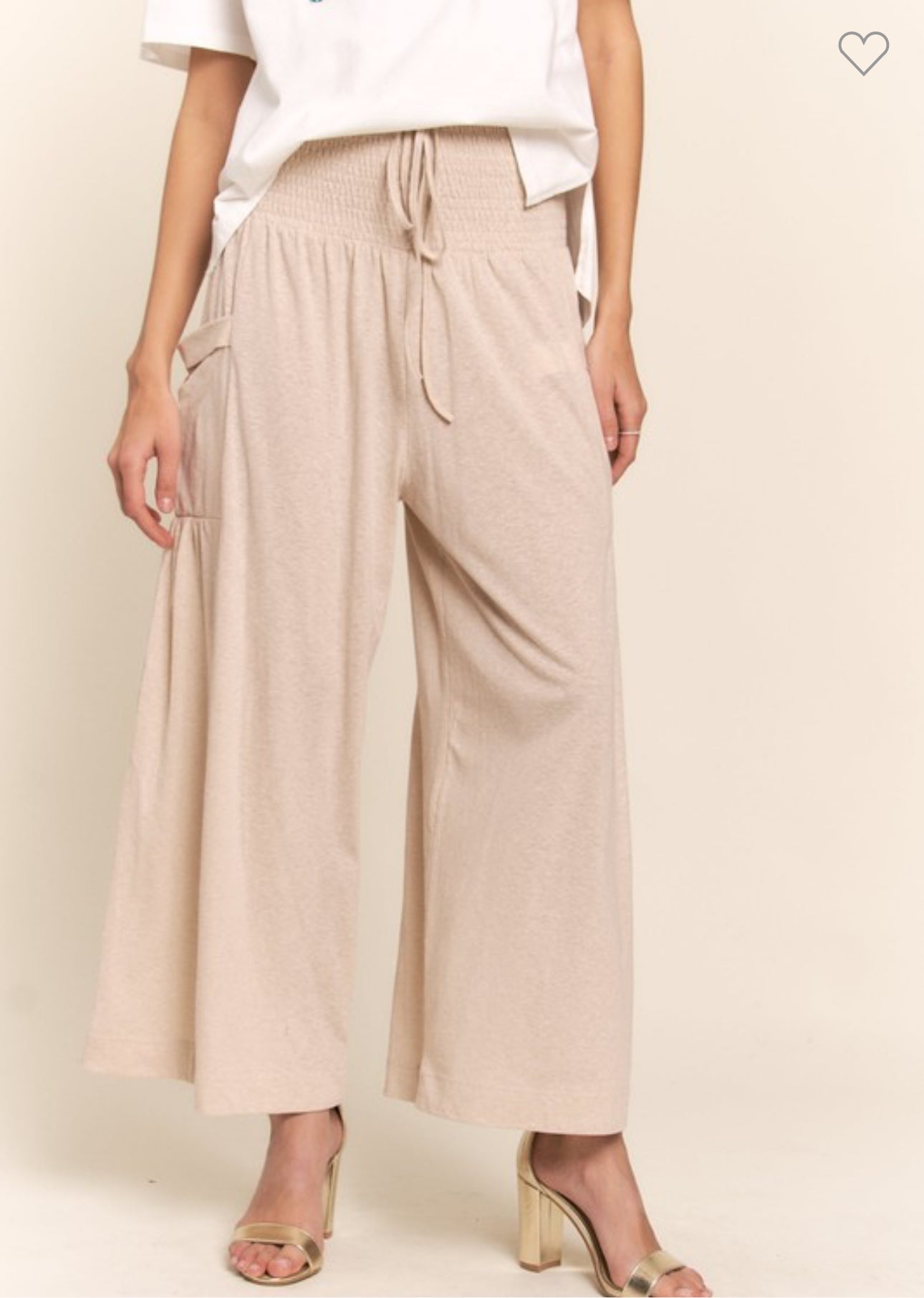 Smocked Waist Boho Pants with Pockets, elastic waistband, cotton drawstring. Sizes: S, M, L.