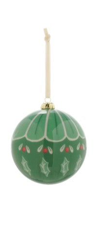 Green ornament with white holly leaf designs and red berries, hanging from a cream ribbon. Available in multiple sizes.