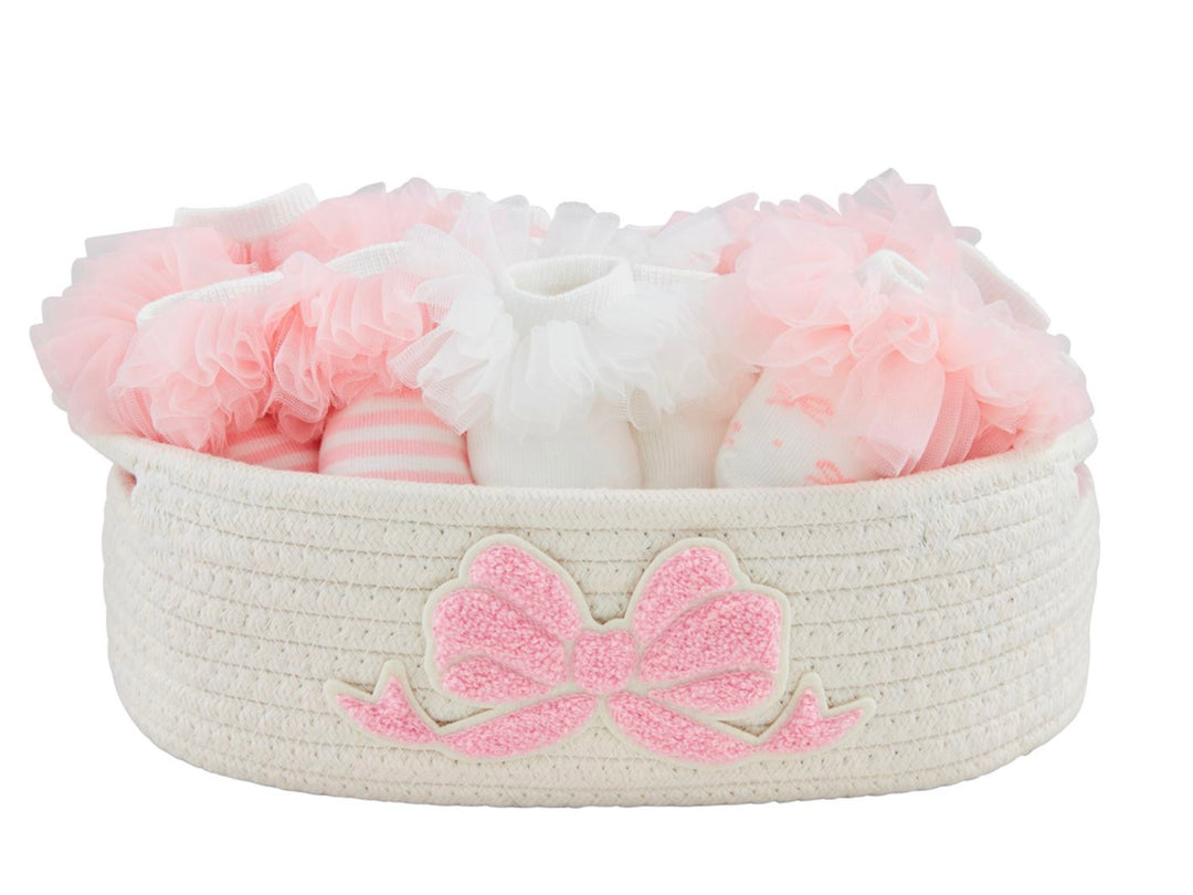 Tutu Baby Socks set: pink and white ruffled socks and booties with pink bow. Available in sizes 0–6M, 6–12M.