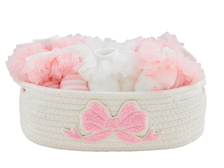 Tutu Baby Socks set: pink and white ruffled socks and booties with pink bow. Available in sizes 0–6M, 6–12M.