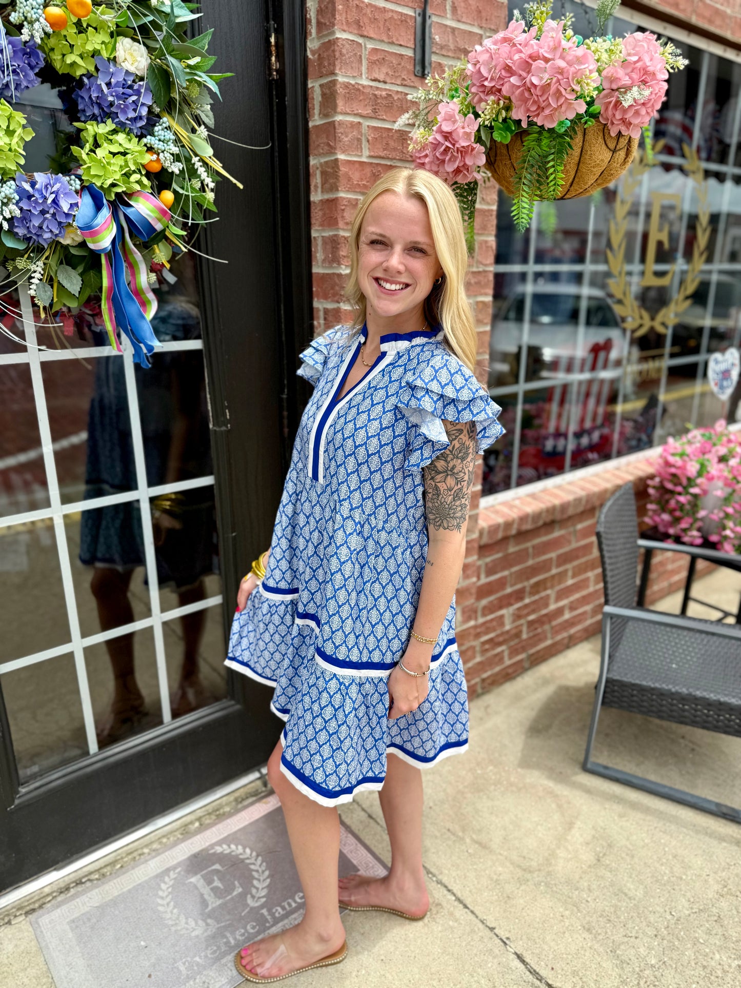 Royal Blue Baroque Pattern Tiered Dress with ruffled neckline; available in sizes XS-XXL.
