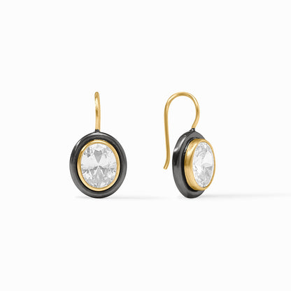 Infinity Earrings | Rainbow: oval drops with clear gemstones in gold/black frames, gold hooks. Sizes: S, M, L.