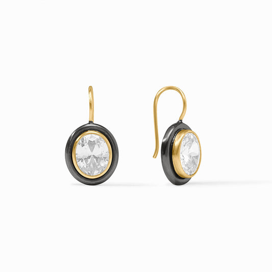 Infinity Earrings | Rainbow: oval drops with clear gemstones in gold/black frames, gold hooks. Sizes: S, M, L.