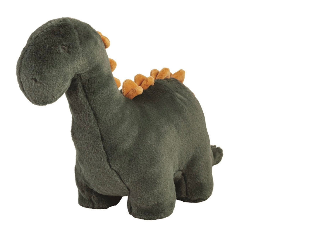 Oakley Dino Plush with long neck, orange spikes, four legs; available in small, medium, and large sizes.