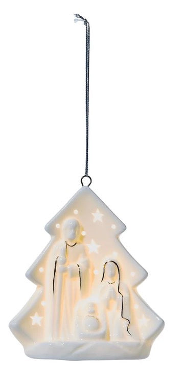 Starry Manger Light-Up Keepsake Ornament, a light-up white nativity scene with cutout stars.
