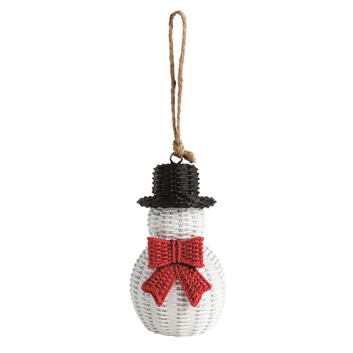 Woven resin snowman ornament with black hat, red bow, and twine loop.