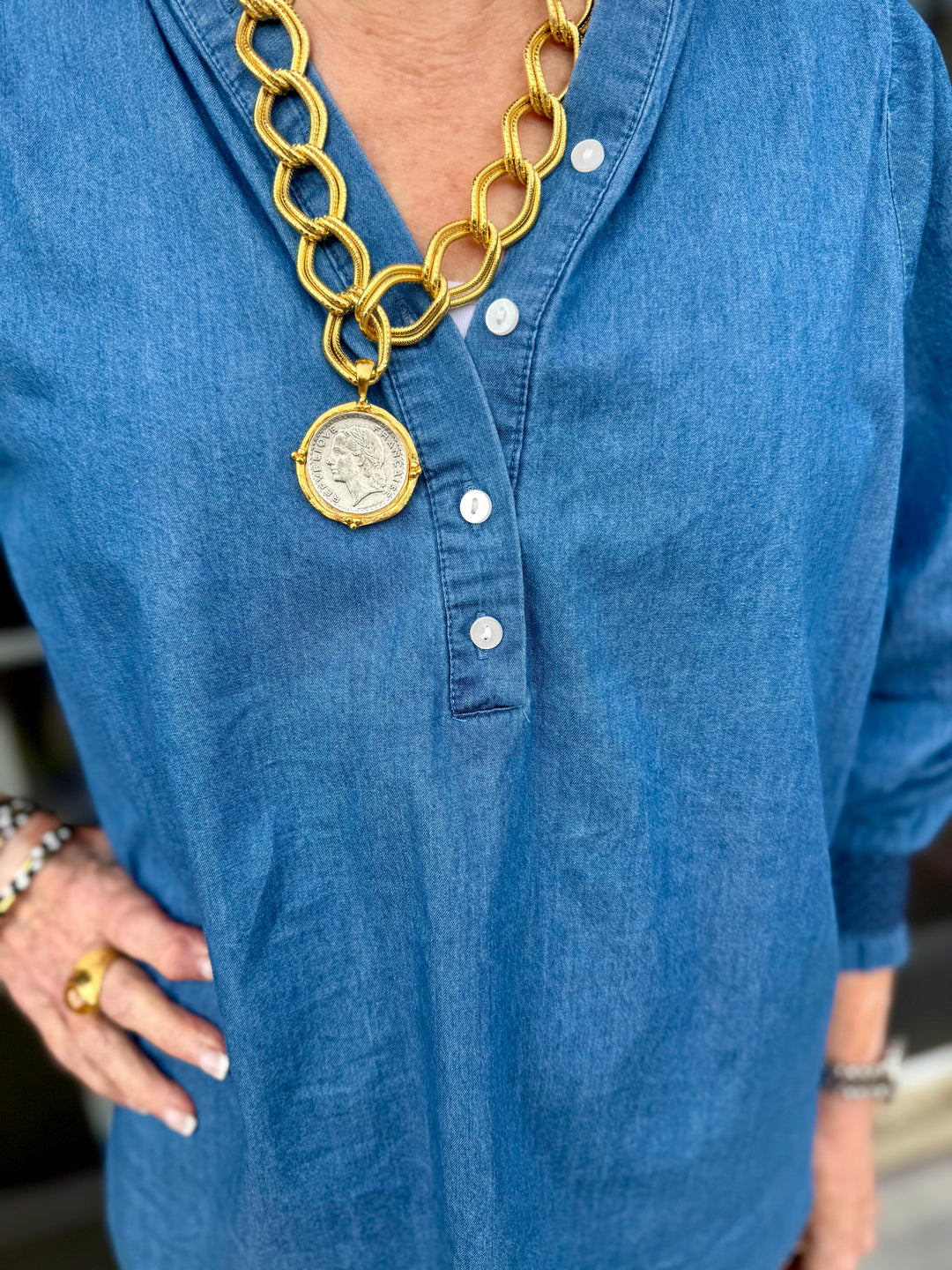 Kimberly Chambray Top with smocked neckline, available in sizes XS-XL.