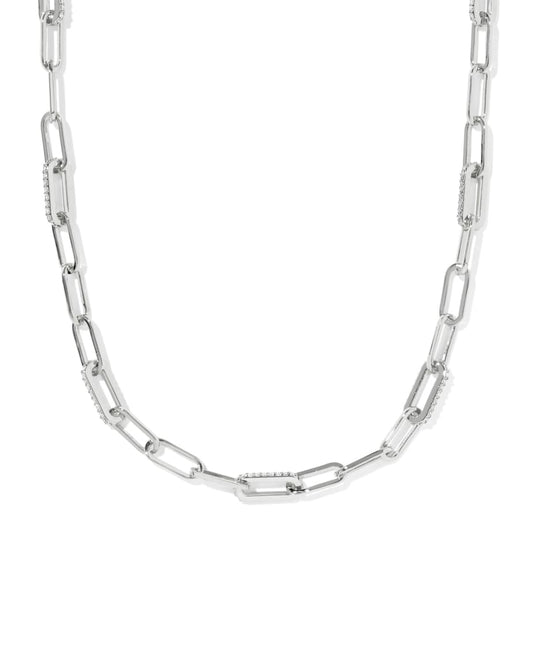 Bella Chain Necklace in rhodium, elongated rectangular links with white CZ accents. Available lengths: 16", 18", and 20".