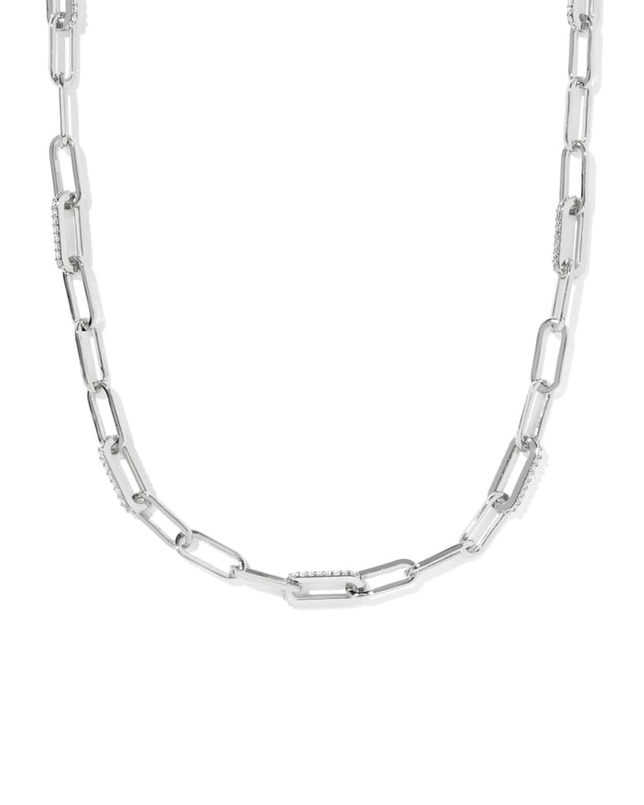 Bella Chain Necklace in rhodium, elongated rectangular links with white CZ accents. Available lengths: 16", 18", and 20".