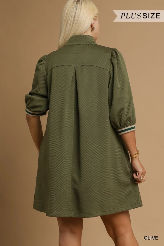 Olive green, knee-length plus-size Jacquard High Neck Dress with puffed sleeves, geometric pattern, pleat; sizes 14–28.