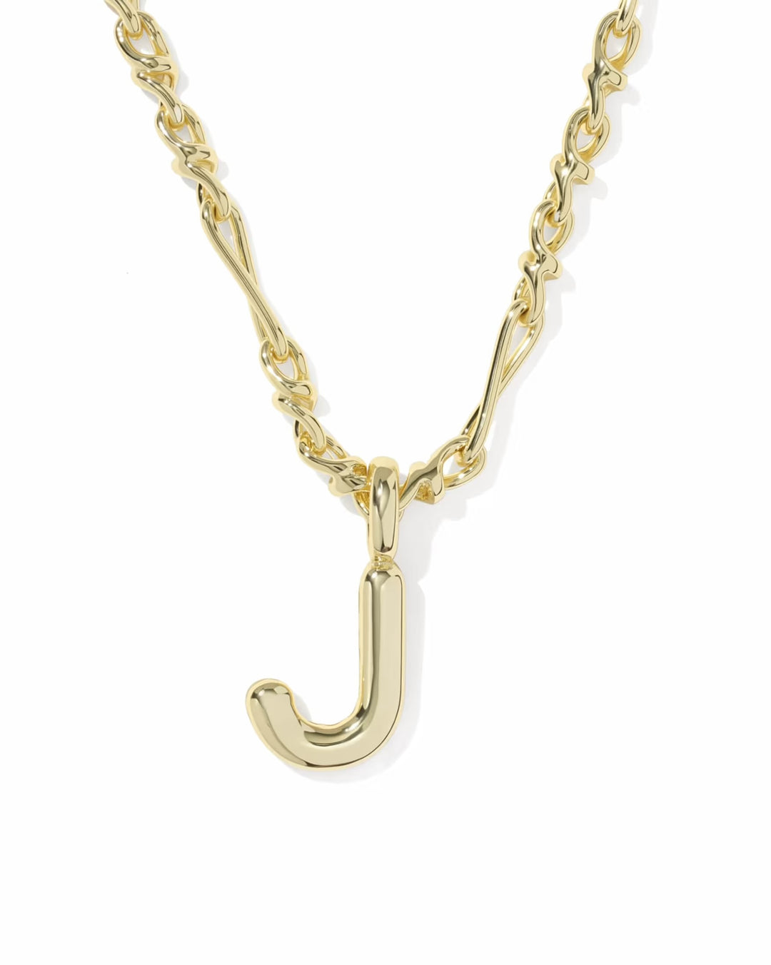 Kendra Scott Bubble Letter Necklace: gold twisted chain with shiny gold bubble letter "J" pendant; available in 16", 18", and 20" lengths.
