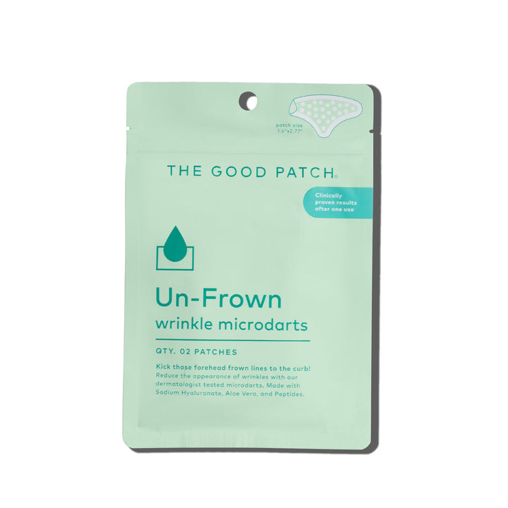 Mint green "Unfrown Patch" pouch with 2 microdart patches; highlights proven results, drop icon. Size info not shown.