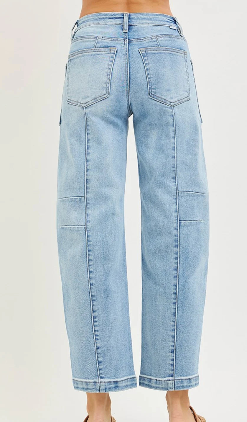 Risen Barrel Ankle Boyfriend Jeans in light-wash, slouchy fit, ankle length, back pockets, and vertical leg seams.