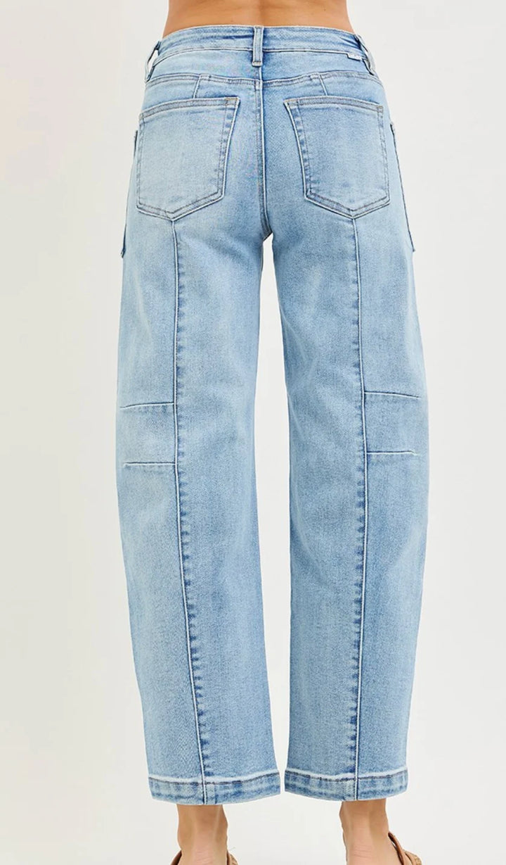 Risen Barrel Ankle Boyfriend Jeans in light-wash, slouchy fit, ankle length, back pockets, and vertical leg seams.