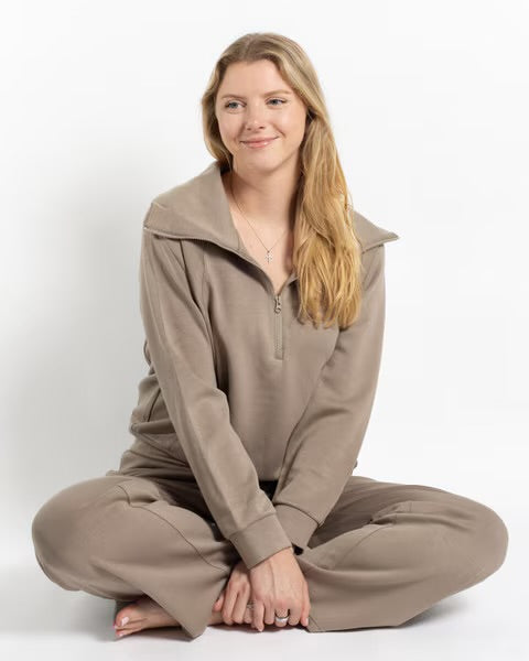 Mocha-colored Taylor Pants lounge set, quarter-zip pullover, and drawstring straight-leg pants.