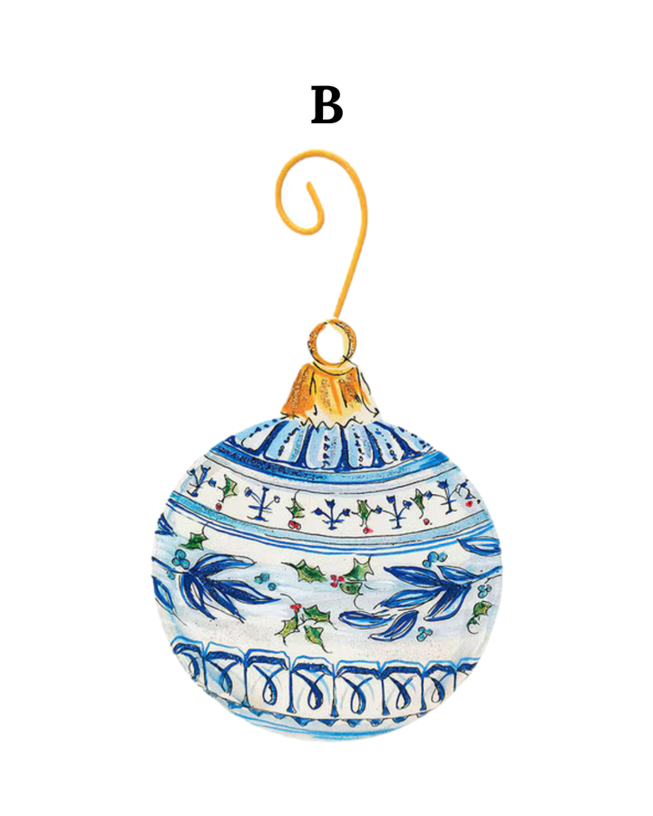 Beck’s Chinoiserie Ornament, round with blue and green floral and holly pattern, gold cap, wire hanger, and letter B.