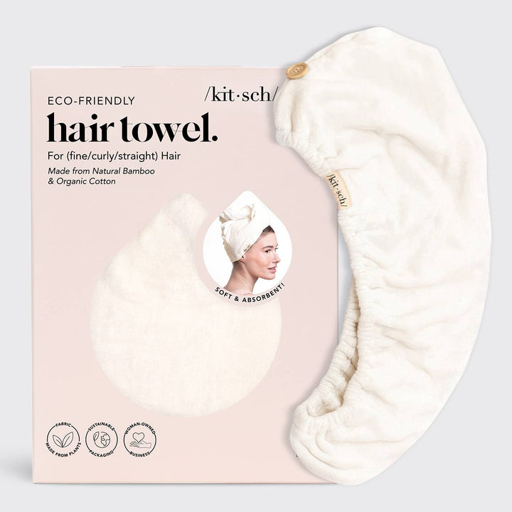 The Quick Dry Hair Towel - Ivory, eco-friendly cotton and bamboo; available in small and large; shown beside its packaging.