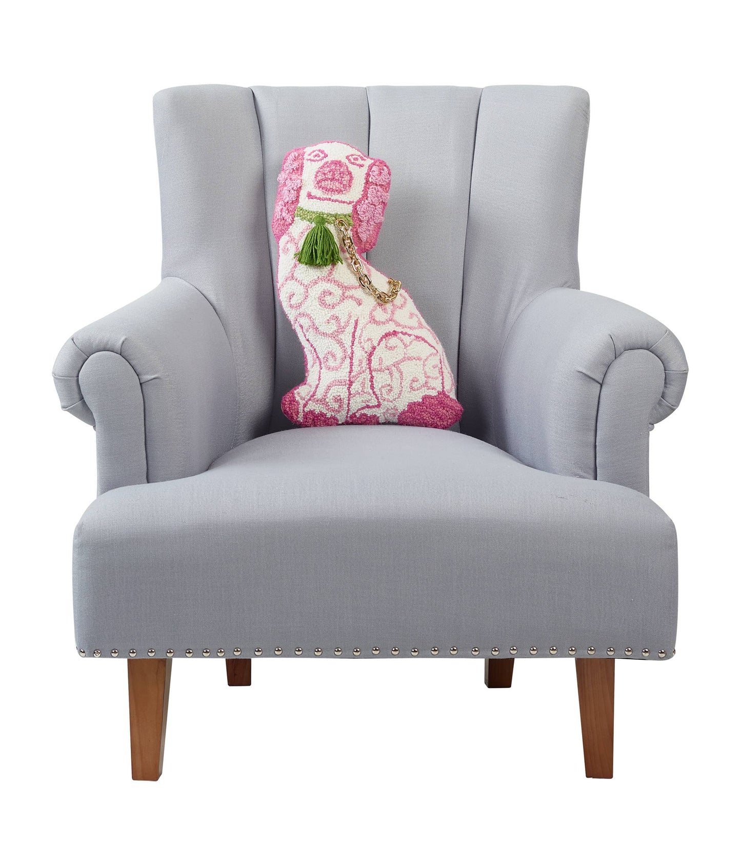 Light gray upholstered armchair with wooden legs, available in standard and oversized sizes.