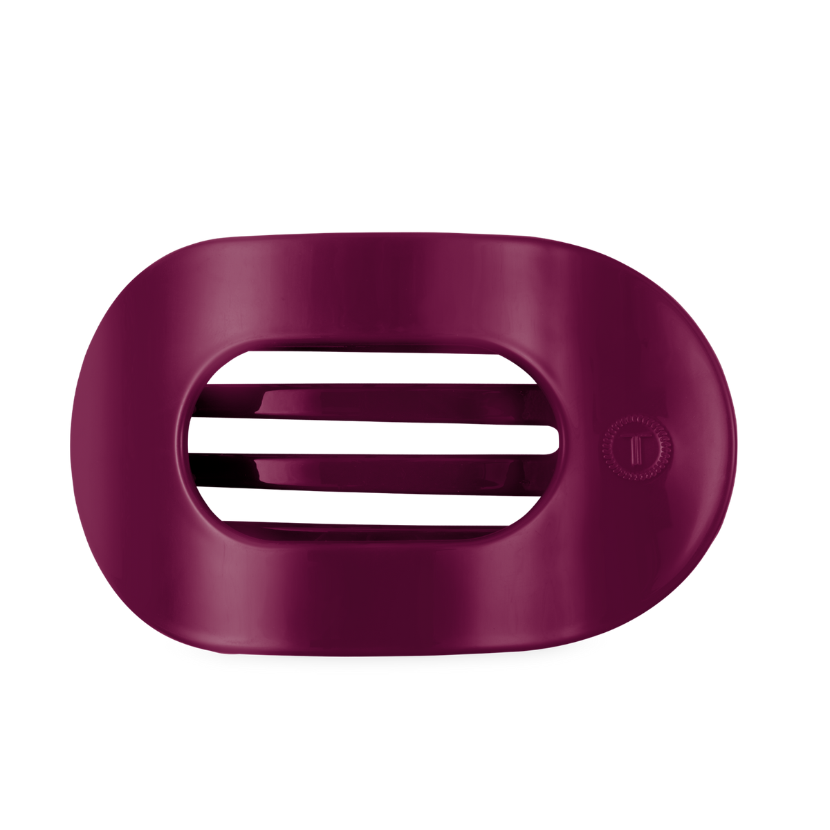 Maroon oval-shaped soap dish with two horizontal slats for drainage, available in small, medium, and large sizes.