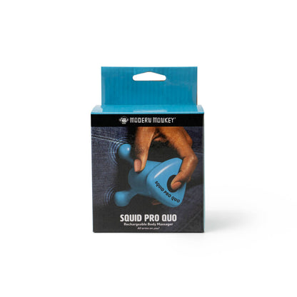 Modern Monkey Squid Pro Quo blue squid-shaped rechargeable massager, "SQUID PRO QUO" text. Sizes: Small, Medium, Large.