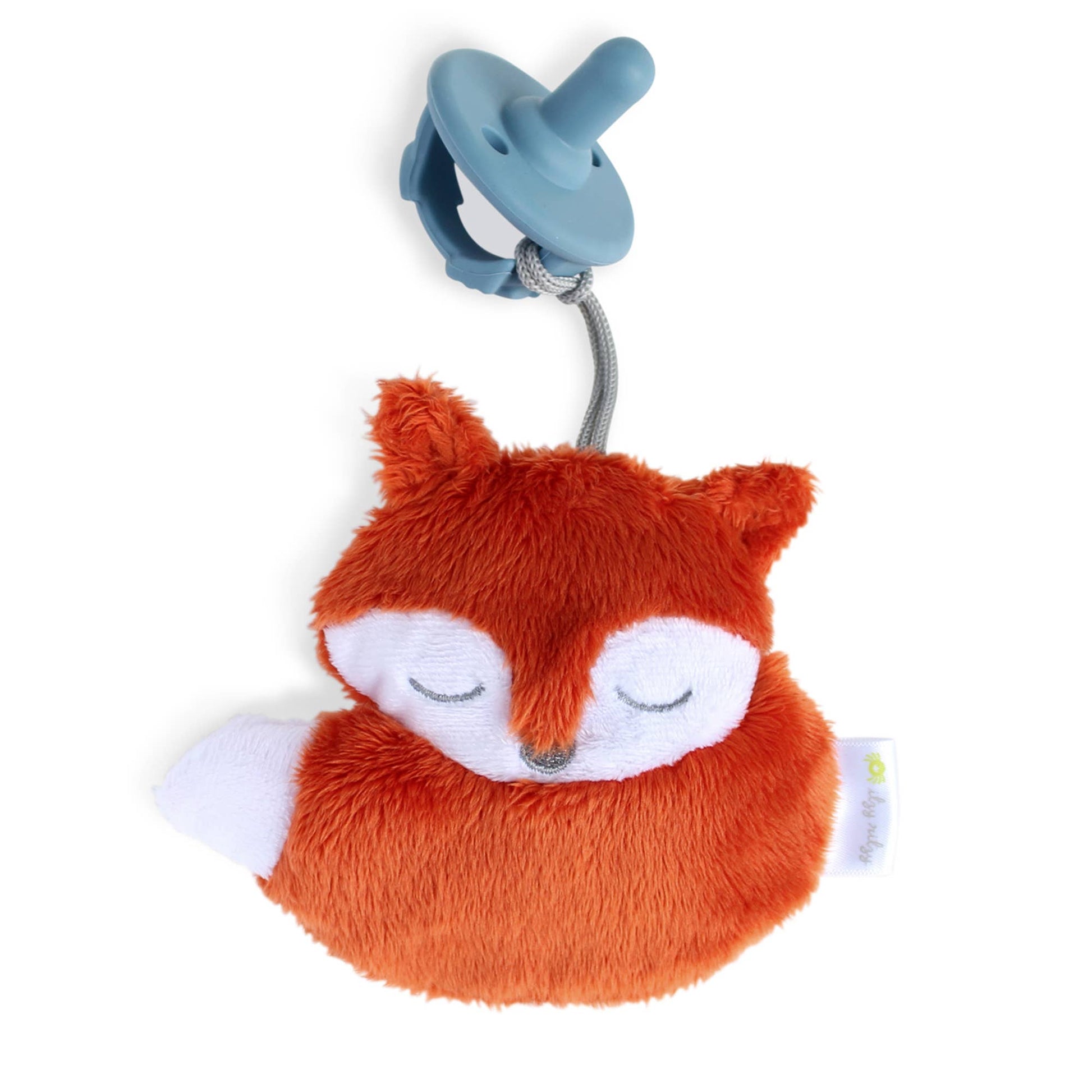 A stuffed orange fox toy with white accents and closed eyes, connected to a blue Sweetie Pal™ Plush & Pacifier: Dino by a grey cord, isolated on a white background.