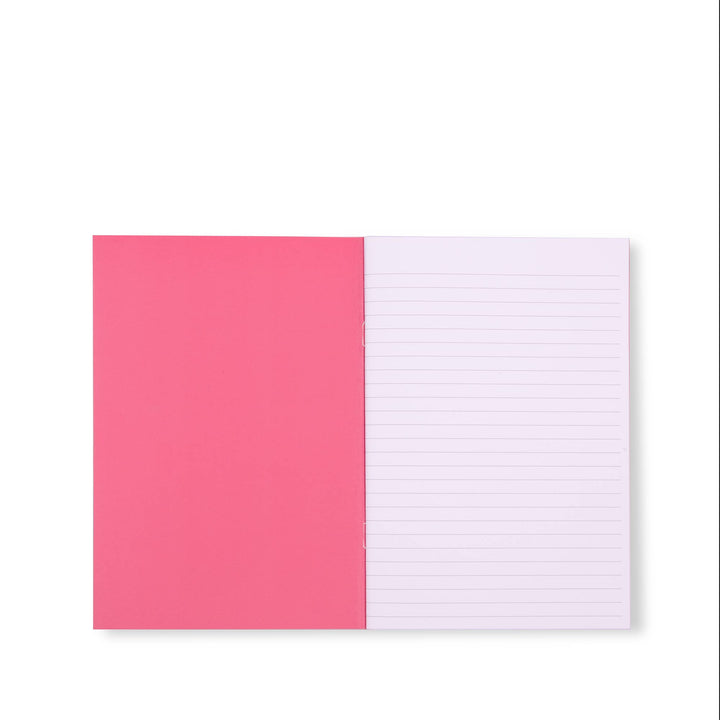 A Sunny Day Stripe Triple Notebook Set open, vibrant pink cover, lined white pages. Available in small, medium, large sizes.