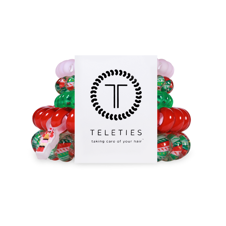 Spiral Hair Coils Mix Pack: red, green, white holiday designs. Strong grip, no-rip hold. Available in small and large sizes.