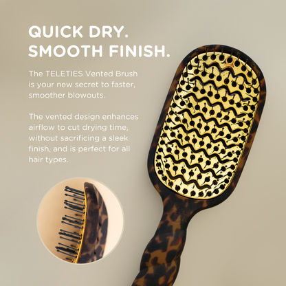 The Vented Hair Brush | Tortoise features gold bristles, a tortoise-print handle, and airflow vents for fast drying and smoothing on all hair types. Available in standard and travel sizes.