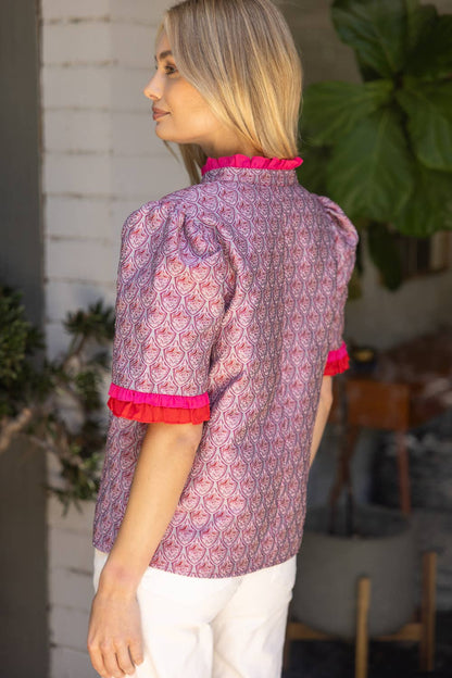 Jacquard Petal Print Contrast Ruffle Top