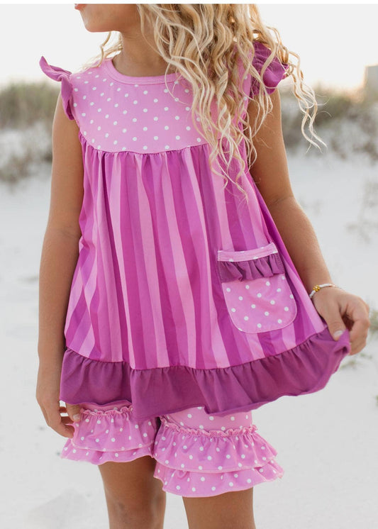 Girls Polka Dot Ruffle Pocket Short Set