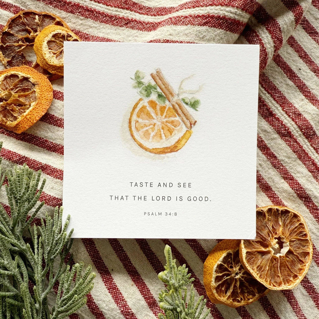 Christmas gift cards with watercolor orange slices, cinnamon sticks, herbs, and Psalm 34:8. Available in multiple sizes.
