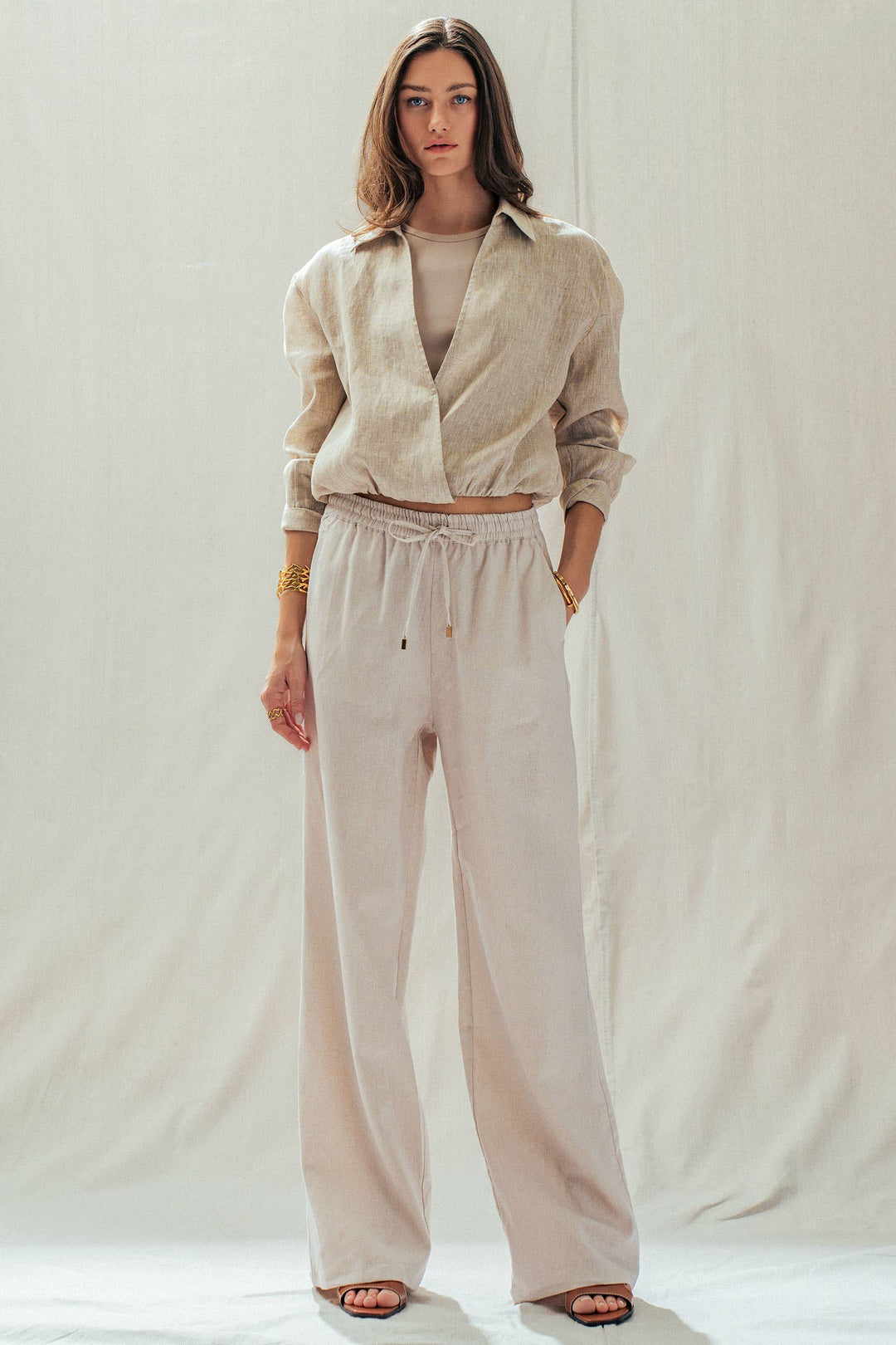 Mint Jelly Linen Blend Wide Leg Drawstring Pants, available in sizes XS-XL. Relaxed fit and lightweight fabric.