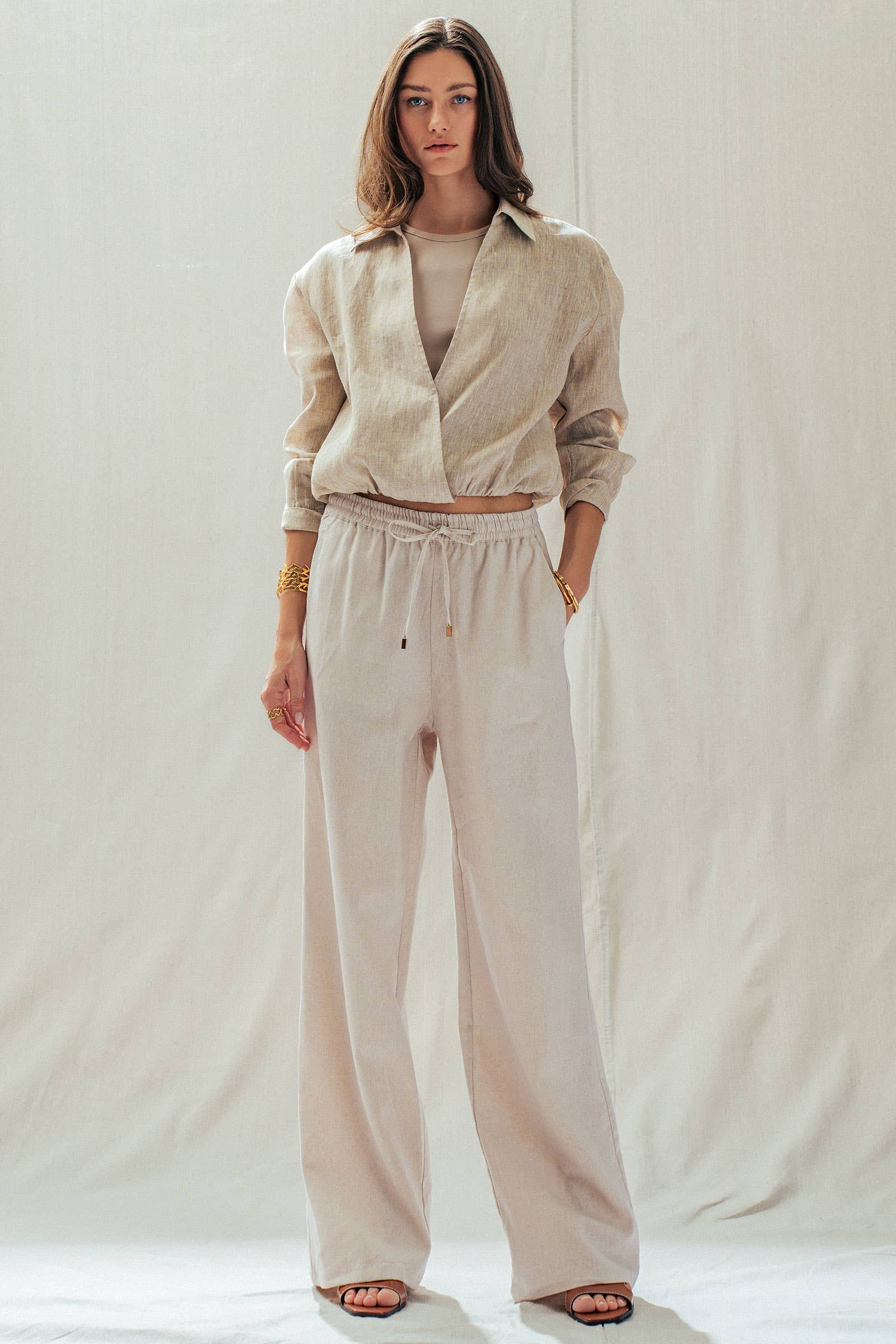 Mint Jelly Linen Blend Wide Leg Drawstring Pants, available in sizes XS-XL. Relaxed fit and lightweight fabric.