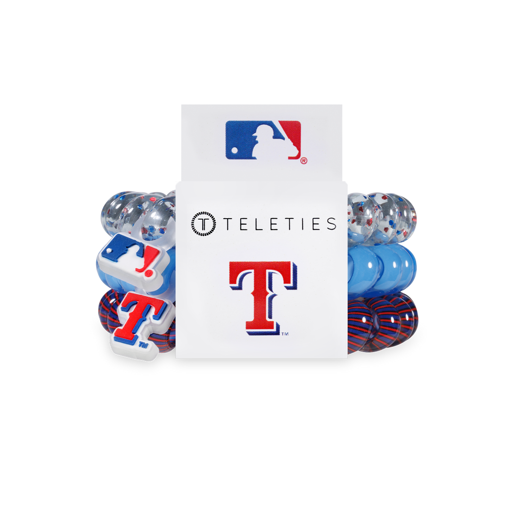Set of 3 large Texas Rangers TELETIES hair coils in blue, red, and white with MLB and TELETIES logos on official packaging.