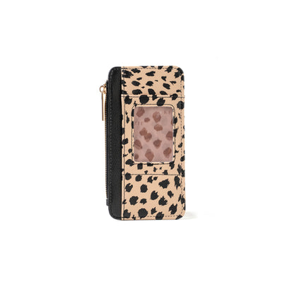 Beige and black animal print vegan leather zippered wallet featuring a clear ID slot, zippered side pocket, and gold zipper detail. Available in one size.