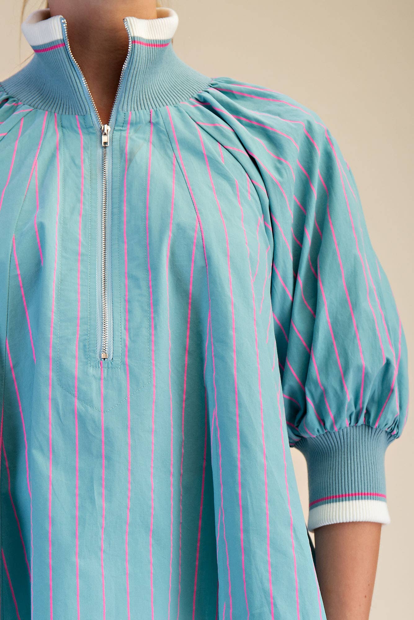 Mint Mock Neck Band Puff Sleeve Blouse