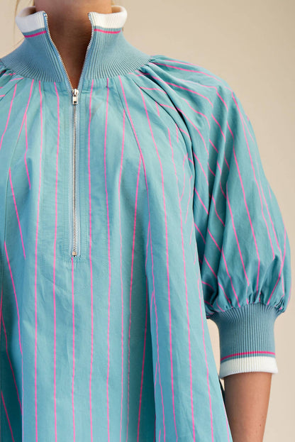 Mint Mock Neck Band Puff Sleeve Blouse
